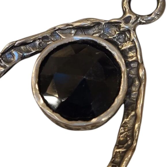 Tear Drop Pierced Earrings Hammered Silver Round Black Stone 2 inch drop - Picture 7 of 13